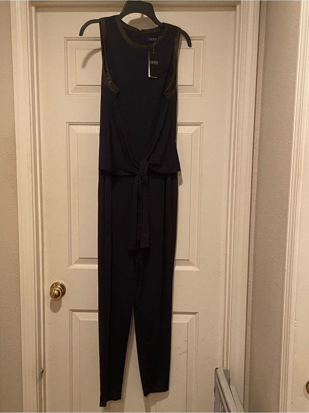 Ralph Lauren Sz L Navy Blue Sleeveless Jumpsuit Faux Leather Trim Front Tie Knot
